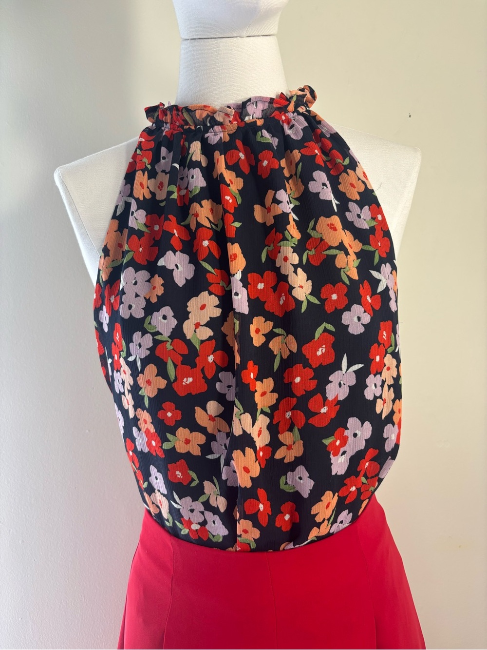 Ann Taylor Factory Black Halter Floral Top with Red, Pink and Peach Flowers
